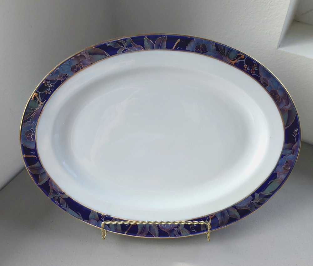 VTG MOGA Gold Rim Serving Platter Signed Romania Ceramic Hand Made Purple Floral